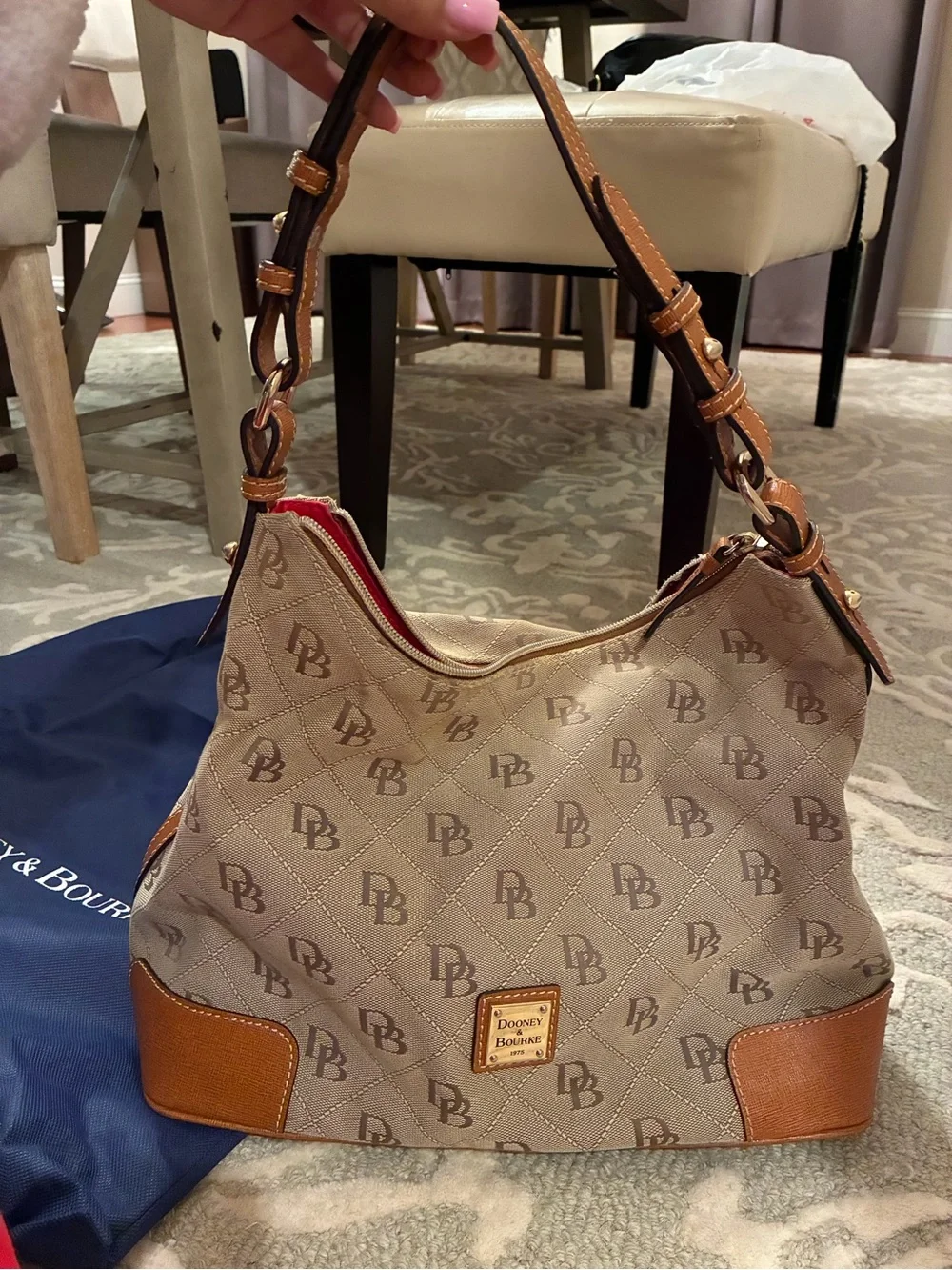 Dooney & Bourke Tan Logo Quilted Hobo with Cognac Trim Purse